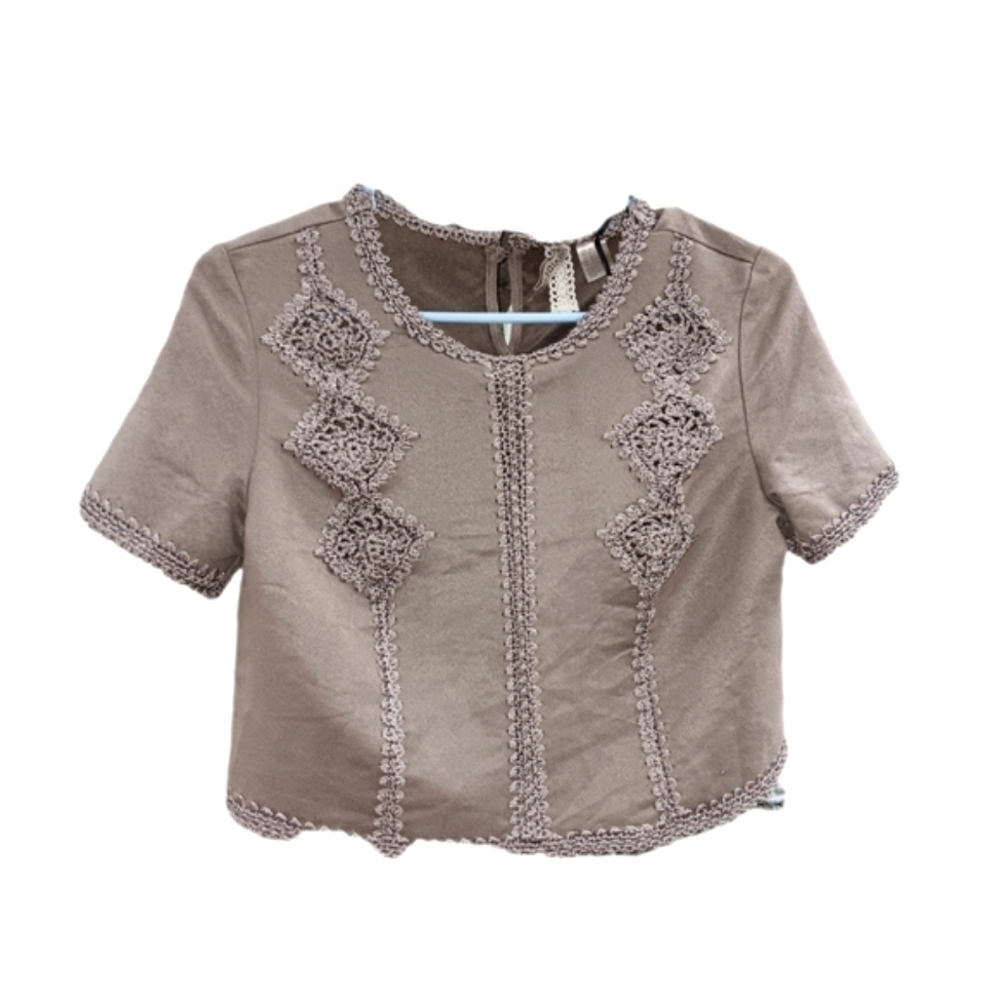 NWT Crop Top Faux Suede Crochet Lace Short Sleeves Vintage-Look Tan Size 14